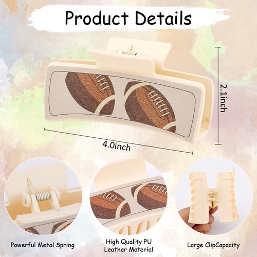 Hapdoo Football Hair Clips, Leather Square Hair Clips Party Accessories for Game Day, 4” Western Hair Clips Set Country Stuff Gifts for Women Girls