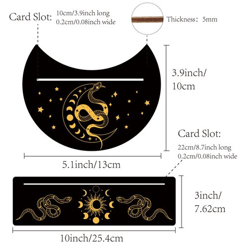 GORGECRAFT 2 Pieces Wooden Tarot Card Stand Black Tarot Card Holder 5" Moon Shape and 10" Rectangle Wood Tarot Cards Altar Stand Display Holder Witch Divination Ceremonial Tools, Moon Phase and Snake