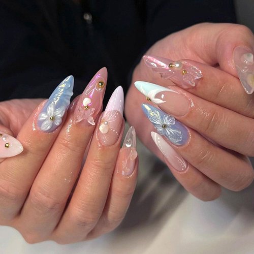 French Tip Press on Nails Almond Fake Nails with 3D Butterfly Flower Pearls Charms Designs Cute Acrylic Nails Glossy Glue on Nails Summer False Nails Nude Artificial Stick on Nails for Women 24Pcs