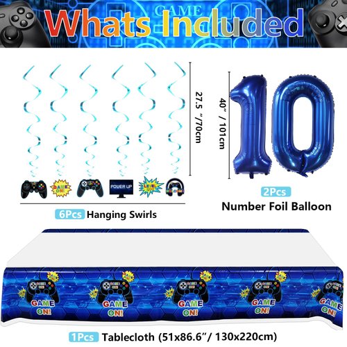 Video Game Party Decorations - 10th Birthday Decorations for Boys, HAPPY BIRTHDAY Banner, Video Game Balloons, Number 10 Blue Balloons, Gaming Hanging Swirls, Game On Birthday Party Supplies