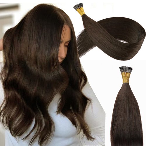 KiiKiiGirl Virgin Remy I Tip Hair Extensions - Human Hair #2 Dark Brown Real Itip Human Hair Extensions 18Inch Natural Black to Silver I Tips Human Hair Extensions Invisible 50G/Pack