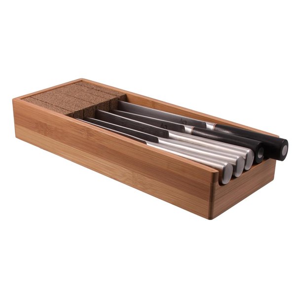 KNIFEdock Knife Drawer Organizer - Bamboo In-Drawer Kitchen Knife Storage Insert - Space-Saving Cork Composite Knife Block - Easy Access and Organization for Your Knives