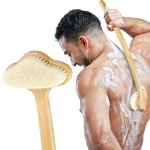 Shower Brush,NURENDER Longer Handle(16.5inch) Bath Shower Brush,Back Scrubber for Shower,Natural Bamboo Shower Brush for Elder,Pregnant,Over-Weight.