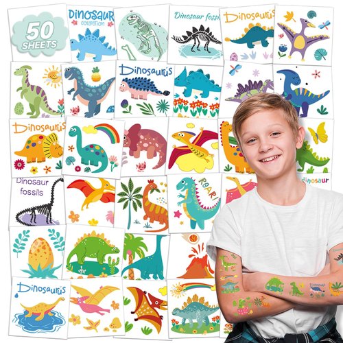 EMOME 50 Sheets Individually Wrapped Dinosaur Tattoos Temporary for Kids Boys, Tattoos for Dinosaur Birthday Party Supplies Favors Decorations, Kids Party Decorations for Dinosaur Games Activities