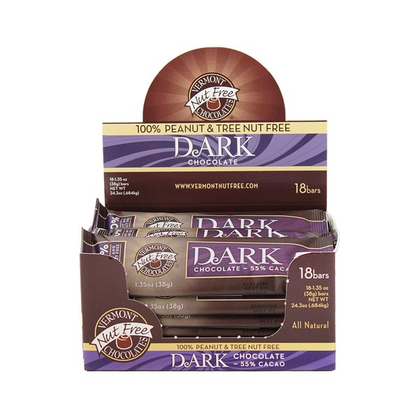 Vermont Nut Free Chocolates Small Chocolate Bar (Dark Chocolate) 1.35 Ounce Bars, 18 Count