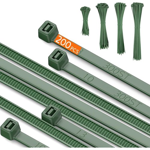 PA66 Green Zip Ties, 200pcs 12+10+8+4 Inch with 22-55lb Strength, Premium Ultra Strong Self-locking Nylon Cable Ties, Decoration Tie Wraps for Plants Gardening Farming Grid Wall Fence Home Office