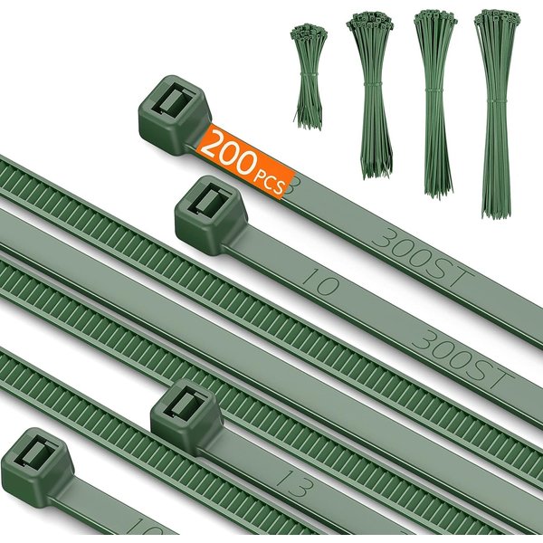 PA66 Green Zip Ties, 200pcs 12+10+8+4 Inch with 22-55lb Strength, Premium Ultra Strong Self-locking Nylon Cable Ties, Decoration Tie Wraps for Plants Gardening Farming Grid Wall Fence Home Office