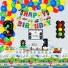Transportation Birthday Party Supplies for 3 Years Old, Includes Happy Birthday Banners, Centerpieces, Tablecloths, Cake Toppers and 76 Balloons for Kids Transportation Theme 3rd Birthday Party