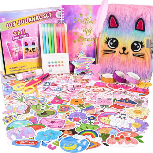 2-Pack DIY Journal Kit for Girls Ages 8-12 13 14 Year Olds, Birthday Gifts for Teen Girls, 110pcs Cute Scrapbook Supplies Stationary, Journaling Art Crafts Trendy Stuff for Kids, Cat Diary with Lock