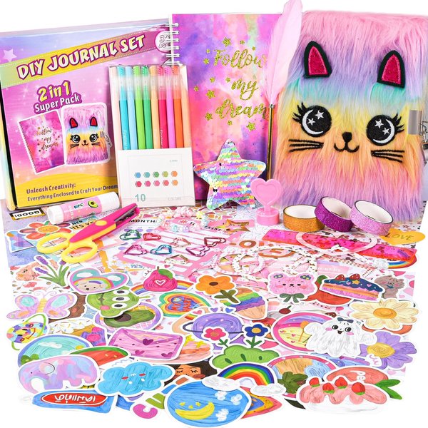 2-Pack DIY Journal Kit for Girls Ages 8-12 13 14 Year Olds, Birthday Gifts for Teen Girls, 110pcs Cute Scrapbook Supplies Stationary, Journaling Art Crafts Trendy Stuff for Kids, Cat Diary with Lock
