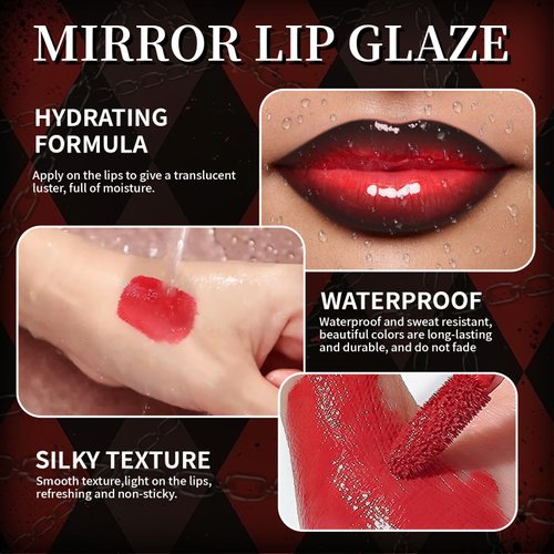 HOSAILY Vinyl Red Velvet Ink Liquid Lipstick with Black Lip Liner Gothic Lip Combo Halloween Makeup, Long Wear Waterproof Lip Gloss Non Sticky Moisturizing Lip Stain Tint Glossy Lip Color for Women