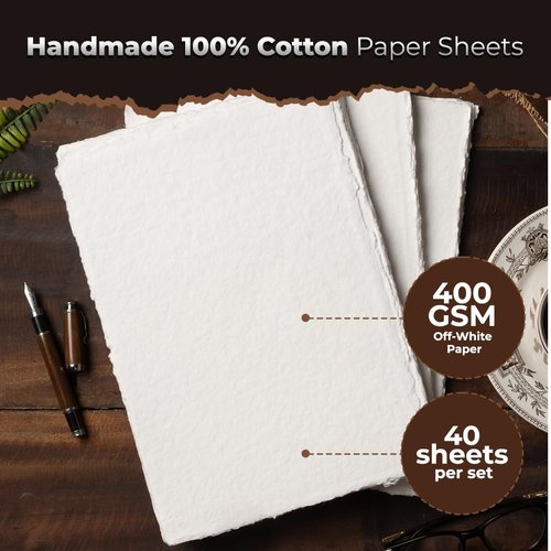 400 GSM | 40 Sheets | Vintage Paper, Handmade Paper, Deckled Edge Paper Made of Virgin Egyptian Cotton - Textured Paper, Old Paper, Fancy Paper, Khadi Paper, Rough|Textured Drawing| Sketching Paper