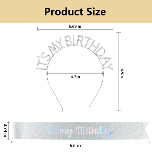 BAHABY It's My Birthday Sash & Birthday Headband Set Princess Birthday Sash and Tiara Birthday Gifts for Women Girls Sweet Happy Birthday Accessories for Party- Silver