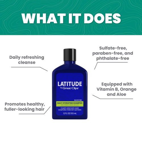 GREAT CLIPS LATITUDE Daily Hydrating Shampoo | Men's Shampoo that Promotes Full + Healthy Hair | For All Hair Types | 12oz