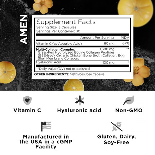 Amen Multi Collagen Peptides Capsules with Hyaluronic Acid and Vitamin C - 5 Types of Collagen Protein Type I, II, III, V, X - Grass Fed Hydrolyzed - 18 Amino Acids - Collagen Supplement - 90 Pills