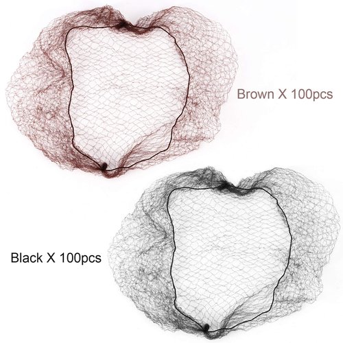 ZEONHEI 200PCS 20 Inch Invisible Hair Nets, 100 Black Bun Hair Nets and 100 Brown Hair Net, Nylon Hairnet Elastic Edge Mesh Hair Net for Women Bun, Food Service