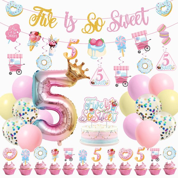 JUYRLE Five is So Sweet Birthday Decorations for Girls- Ice Cream 5th Birthday Party Decorations, 5th Birthday Decoration Girl with Donut Banner for Sweet Fifth Ice Cream Theme Birthday Party Supplies