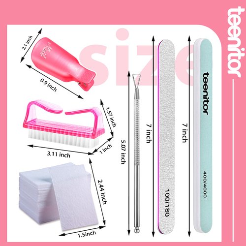 Teenitor Nail Gel Remover Tools Kit with Pink Polish Remover Clips, Cuticle Peeler Scraper, Gel Nail Brush, 115 Pack Nail Wipe Cotton Pads, Nail File Grits 120/180 Buffer Block Grits 400/4000