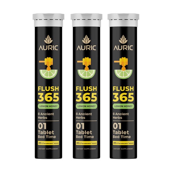 Auric Flush 365 Effervescent 60 Tablets Herbal Digestive Support | with Triphala, Isabgol, Castor Oil & Senna | Honey Lemon Flavor | Support Bowel & Gut Cleanse | Plant-Based Supplement