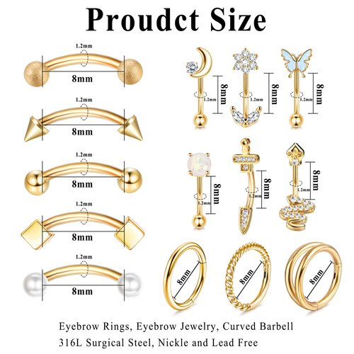 ORAZIO 14 PCS Rook Piercing Jewelry Surgical Steel Eyebrow Piercing 16G Rook Earrings for Women Curved Barbells Eyebrow Rings Belly Lip Ring Cartilage Daith Helix Tragus Body Piercings-14G