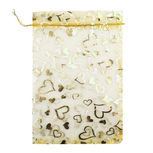 QIANHAILIZZ 8 x 12 Inch 100 Drawstring Heart Flower Bags Organza Jewelry Gift Pouch Candy Pouch Drawstring Wedding Favor Bags (gold heart)