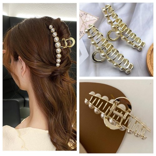 Rhinestone Hair Claw Clips, 4.4 Inch Vintage Metal Imitation Pearl Hair Jaw Clip for Women, Non Slip Hair Clamp Fashion Wedding Party Accessories Elegant Hair Decorations