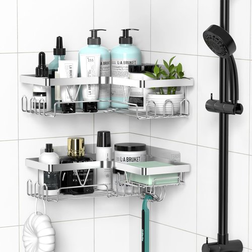 KEGII Corner Shower Caddy, Shower Organizer Stainless Steel Corner Shower Shelves, No Drilling Shower Rack Storage, Adhesive Silver Shower Caddy Corner for Bathroom