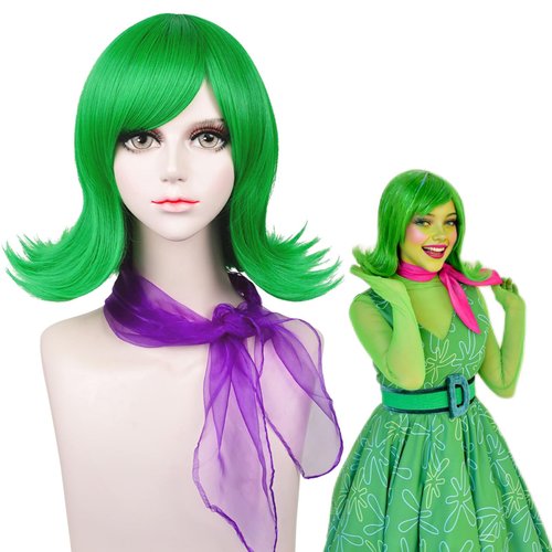 Aicos Green Wavy Cosplay Wig Short Green Flip Out Hair with Purple Scarf for Women Costume Hallow...