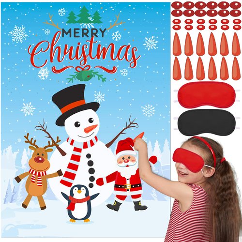 Christmas Games for Families, Pin The Nose on The Snowman Reindeer Santa Claus with Carrot Nose R...