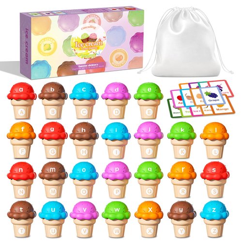 AT-DRESSINGDAY Ice Cream Toys Color and Counting Alphabet Match Learning Toys Stacking Preschool Montessori Fine Motor Skills Toys for Toddler Kids (52Pcs Alphabet)