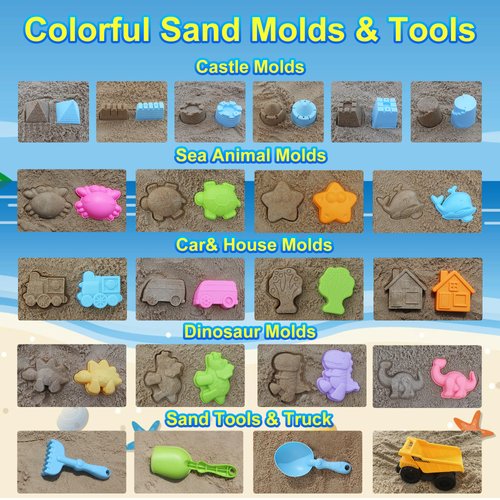 Carlerait Collapsible Beach Toys for Kids, Sand Bucket and Shovels Set with Mesh Bag, Sand Castle Toys for Beach, Travel, Sandbox for Toddlers Age 3-10