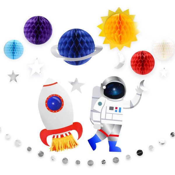 9Pcs Outer Space Decorations Solar System Hanging Supplies Galaxy Planets Honeycomb Space Birthday Party Decor Ceiling Ornaments