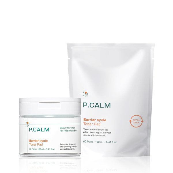 P.CALM Barrier Cycle Toner Pad Refill Pack – 120 Pads (60 + 60) with Centella Asiatica & Papaya Extract for Soothing, Moisturizing & Exfoliating, Korean Vegan Facial Toners Pads for Sensitive Skin