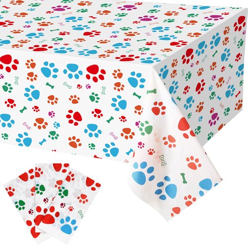 Tegeme 3 Pieces Puppy Dog Paw Print Plastic Tablecloth Table Cover, Dog Paw Print Party Supplies, Multicolor Dog Decorations for Dog Birthday Baby Shower Party
