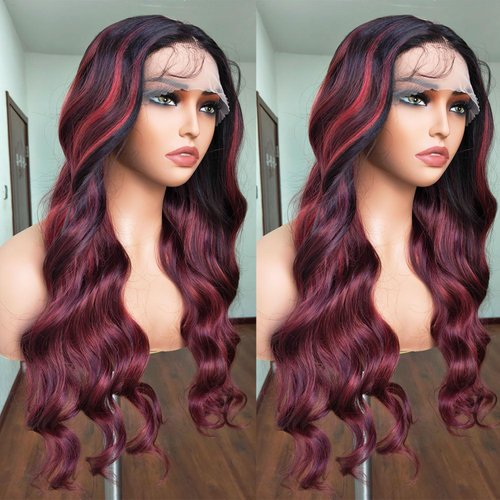beauty proya Ombre Red Highlights Synthetic Lace Front Wigs 26 Inch Long Loose Wave Heat Resistant Hair Wig Glueless Synthetic HD Lace Wigs for Black Women