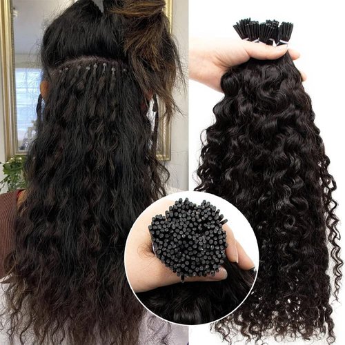 Kinky Curly I Tip Hair Extensions #1B Black Keratin Hair Extensions Stick I Tip Human Hair Bundles 16 Inch Pre Bonded Microlinks Real Hair Cold Fusion Curly I Tip Hair Extensions 100stands 50g