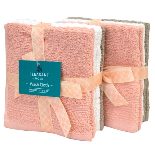 Pleasant Home Chevron Wash Cloths Set - 12 Pack (12” x 12”) – 509 GSM - 100% Ring Spun Cotton Wash Cloth - Super Soft and Highly Absorbent Face Towels (Blush, White & Tan)