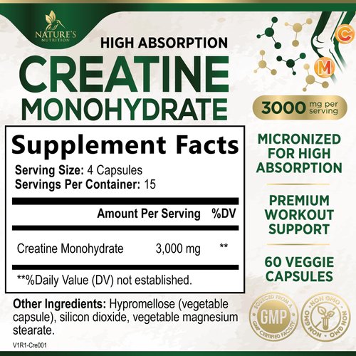 Creatine Monohydrate Capsules 3,000mg Micronized Creatine Supplement Support for Lean Muscle Strength & Endurance, Creatine Pills for Women & Men, Unflavored Tablets Non-GMO Gluten Free – 60 Capsules