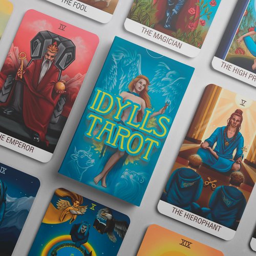 OMNITO Original Idylls 78 Tarot Card Set | Pocket-Sized (4.13" x 2.3") | Unique Borderless Deck | Fortune Telling Cards | Classic Meanings with Online Guide Book for Beginners