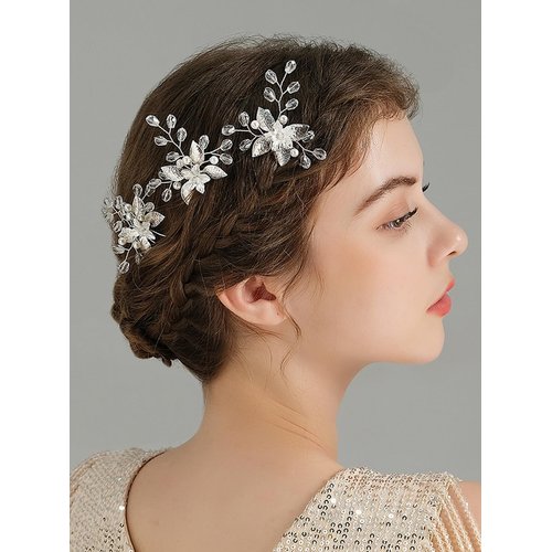 Missgrace Women Silver Simple Rhinestones Pearls Hair Pins Headpiece Bride Wedding Silver Hair Cl...