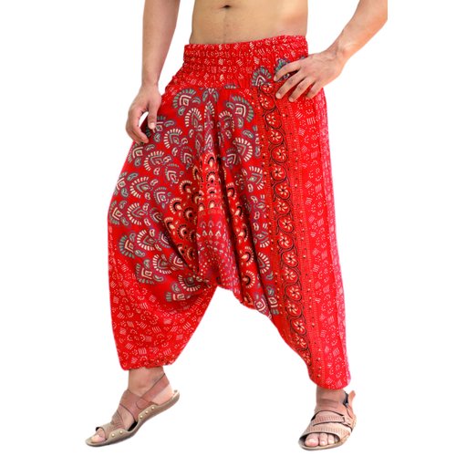 SARJANA HANDICRAFTS Mens Womens Rayon Mandala Pockets Harem Pants Yoga Drop Crotch Trouser (Red)