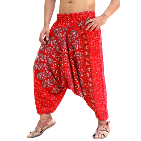 SARJANA HANDICRAFTS Mens Womens Rayon Mandala Pockets Harem Pants Yoga Drop Crotch Trouser (Red)
