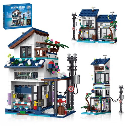 HI-REEKE City Street View Building Block Set, 3 in 1 Japanese Beach House for Kids