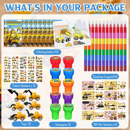 72 Pcs Construction Coloring Book with Crayons Bulk，Truck Car Party Favors Goodie Bags Fillers,Tractor Birthday Party Supplies Face Stickers Tattoo Prizes Gift for Engineering Vehicle