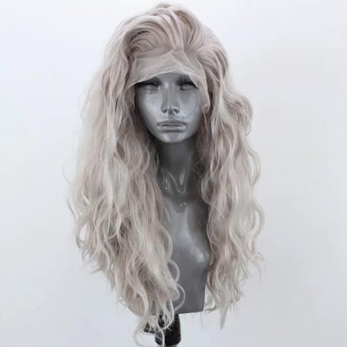 RONGDUOYI Colorful Synthetic Lace Front Wigs for Women Grayish Blonde Loose Curly Wig Heat Resistant Fiber Hair Natural Hairline Daily Use Cosplay Wig