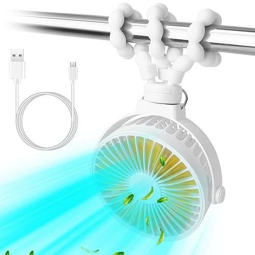 [Pack of 2] Portable Baby Stroller Fan Rechargeable Handheld Fan with Flexible Tripod Clip On Desktop Hanging Fan 3 Gear Speed 360 Tilt Head