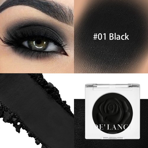 DE'LANCI Single Black Eyeshadow, Matte Eyeshadow Black Eyes Goth Smokey Makeup, Long Lasting Blendable Single Dark Eye Shadow Pallet, for Smoky SFX Halloween Makeup Eyeliner Face Body Paint, #01
