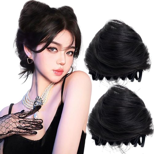 Furimuk 2PCS Space Buns Hair Pieces, Mini Claw Clip in Messy & Cat Ears Fake Hair Bun Extensions Scrunchies, Wig Accessory for Women (Natural black)