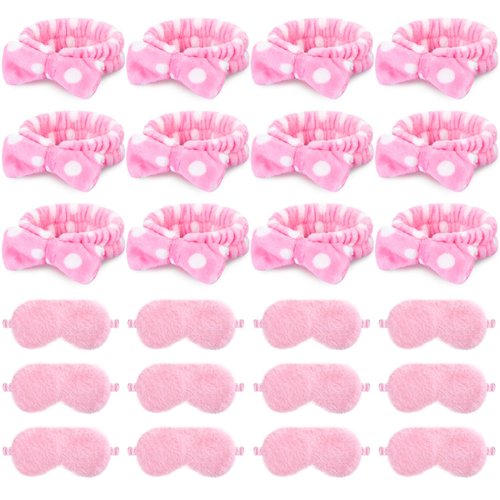 Maiteenly 24 Pieces Sleepover Party Favors Spa Headband Sleep Eye Mask Bulk Pink Headband for Washing Face Bow Makeup Headbands Eye Mask for Spa Birthday, Bachelorette Party, Slumber Wedding