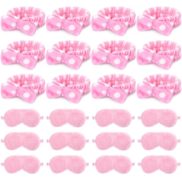 Maiteenly 24 Pieces Sleepover Party Favors Spa Headband Sleep Eye Mask Bulk Pink Headband for Washing Face Bow Makeup Headbands Eye Mask for Spa Birthday, Bachelorette Party, Slumber Wedding
